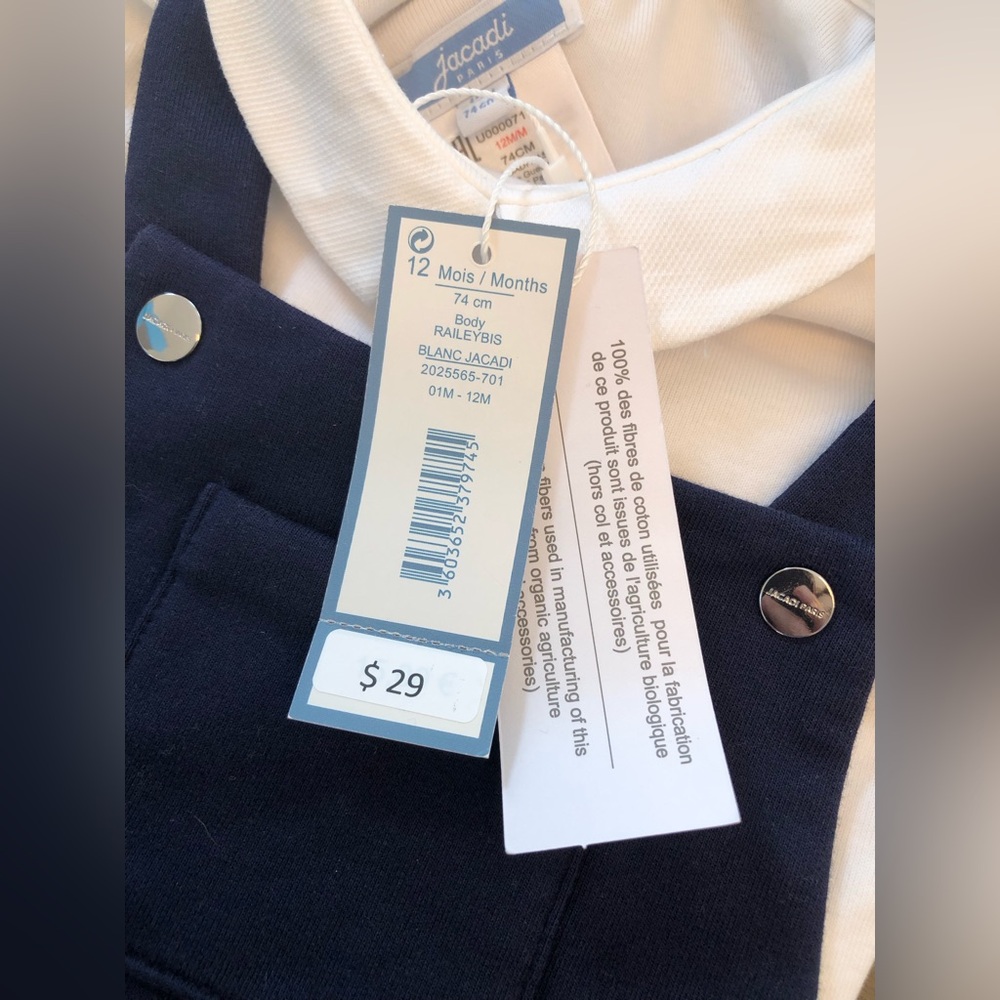 NWT! Jacadi Paris two piece white collared bodysuit & navy blue overall loungers - Picture 11 of 12